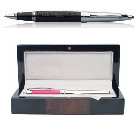 Milleard Black leather rolling ball pen in walnut/black box